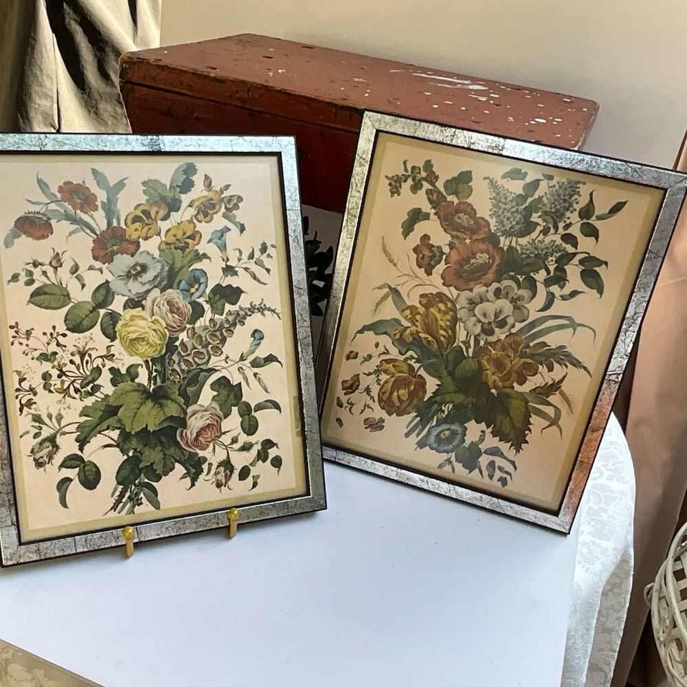Vintage Grandmacore pair of floral prints on board; gorgeous flowers Cottagecore